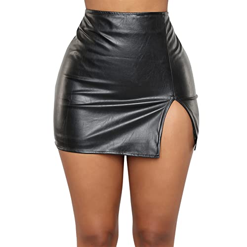 Lederrock Damen Sexy Wetlook PU Lack und Leder Minirock High Waist Kurz Röcke Bodycon Bleistiftrock Mini Rock mit Schlitz Frauen Sommer Clubwear Party Rave Festival Outfit Schwarz #3 L von Odizli