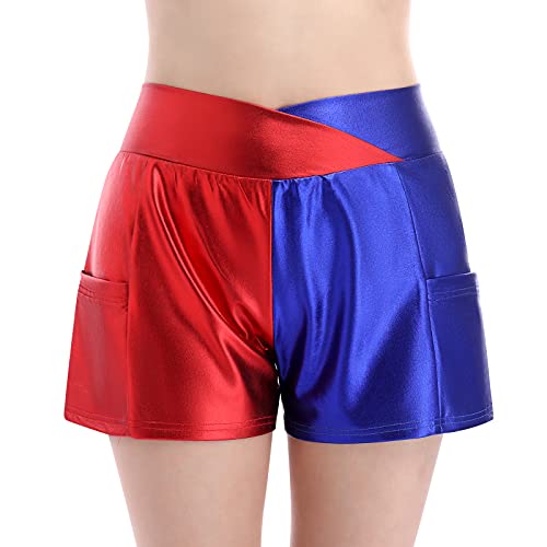 Ledershorts Damen Kunstleder Hotpants Sexy Metallic Wetlook Lack und Leder Shorts Gym Sporthose Kurze Hose Frauen Festival Rave Pole Dance Outfit Halloween Karneval Faschingskostüme Rot Blau L von Odizli