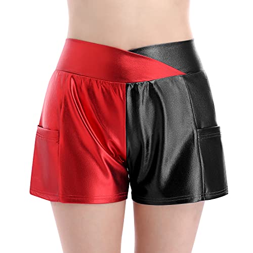 Ledershorts Damen Kunstleder Hotpants Sexy Metallic Wetlook Lack und Leder Shorts Gym Sporthose Kurze Hose Frauen Festival Rave Pole Dance Outfit Halloween Karneval Faschingskostüme Rot Schwarz S von Odizli