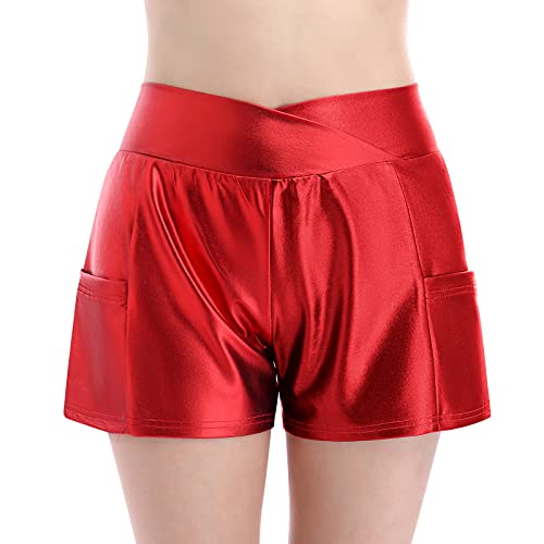 Ledershorts Damen Kunstleder Hotpants Sexy Metallic Wetlook Lack und Leder Shorts Gym Sporthose Kurze Hose Frauen Festival Rave Pole Dance Outfit Halloween Karneval Faschingskostüme Rot XL von Odizli