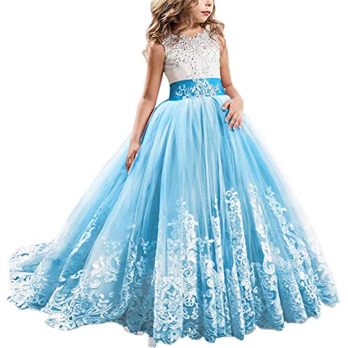 Mädchen Spitze Bestickte Tüll Prinzessin Lang Schwanz Kleider Blumenmädchen Kinder Hochzeit Brautjungfer Prom Ballkleid Formale Partei Kleider Karneval Festzug Cocktailkleid Himmelblau 10-11 Jahre von Odizli