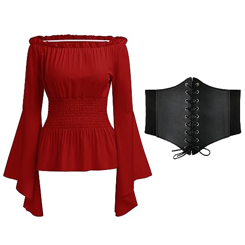 Mittelalter Bluse Damen Gothic Steampunk Korsett Oberteil Langarm Off Shoulder Top Viktorianisches Renaissance Kleidung Piratenkostüm Wikinger Kostüm Halloween Karneval Faschingskostüme Rot+Gürtel L von Odizli