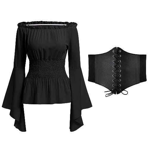 Mittelalter Bluse Damen Gothic Steampunk Korsett Oberteil Langarm Off Shoulder Viktorianisches Renaissance Kleidung Piratenkostüm Wikinger Kostüm Halloween Karneval Faschingskostüme Schwarz+Gürtel XXL von Odizli