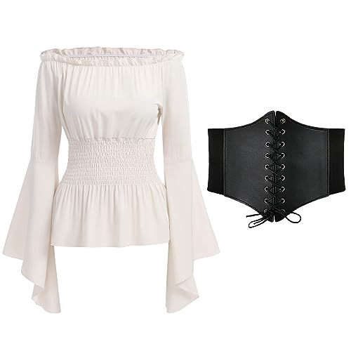 Mittelalter Bluse Damen Gothic Steampunk Korsett Oberteil Langarm Off Shoulder Viktorianisches Renaissance Kleidung Piratenkostüm Wikinger Kostüm Halloween Karneval Faschingskostüme Weiß+Gürtel XL von Odizli