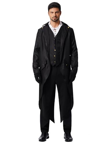 Odizli Mittelalter Kleidung Herren Frack Jacke Steampunk Mantel Gothic Viktorianisches Renaissance Vikings Gehrock Männer Pirate Vampir Dracula Kostüm Halloween Karneval Faschingskostüme Schwarz 4XL von Odizli