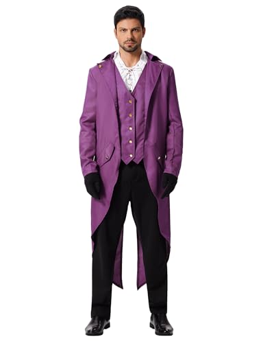 Odizli Mittelalter Kleidung Herren Frack Jacke Steampunk Mantel Gothic Viktorianisches Renaissance Vikings Gehrock M�nner Pirate Vampir Dracula Kost�m Halloween Karneval Faschingskost�me Violett M von Odizli