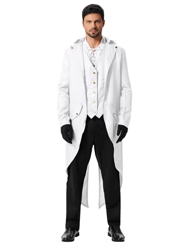 Odizli Mittelalter Kleidung Herren Frack Jacke Steampunk Mantel Gothic Viktorianisches Renaissance Vikings Gehrock M�nner Pirate Vampir Dracula Kost�m Halloween Karneval Faschingskost�me Wei� L von Odizli