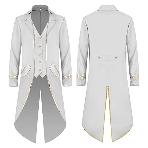 Mittelalter Kleidung Herren Frack Jacke Smoking Steampunk Mantel Gothic Männer Captain Jack Sparrow Kostüm Halloween Karneval Faschingskostüme Viktorianisches Renaissance Vikings Gehrock Weiß Gold S von Odizli