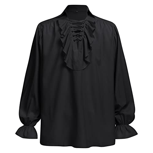 Mittelalter Kleidung Herren Langarm Hemd Wikinger Tshirt Gothic Steampunk Tunika Renaissance Viktorianische Rüschenhemd Pirat Kostüm Piratenkostüm Halloween Karneval Faschingskostüme Schwarz 4XL von Odizli