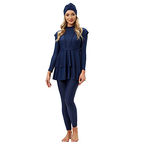 Muslimische Badeanzug Damen Burkini Frauen Muslim Bademode Modest Islamisch Arabisch Jilbab Langarm Schwimmoberteile Built in Bra+Schwimmhose+Hijab Kopftuch 3tlg Full Cover Schwimmanzug Blau 2XL von Odizli