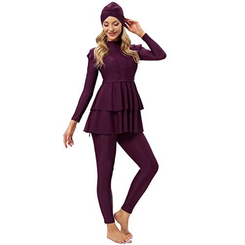 Muslimische Badeanzug Damen Burkini Frauen Muslim Bademode Modest Islamisch Arabisch Jilbab Langarm Schwimmoberteile Built in Bra+Schwimmhose+Hijab Kopftuch 3tlg Full Cover Schwimmanzug Weinrot XL von Odizli