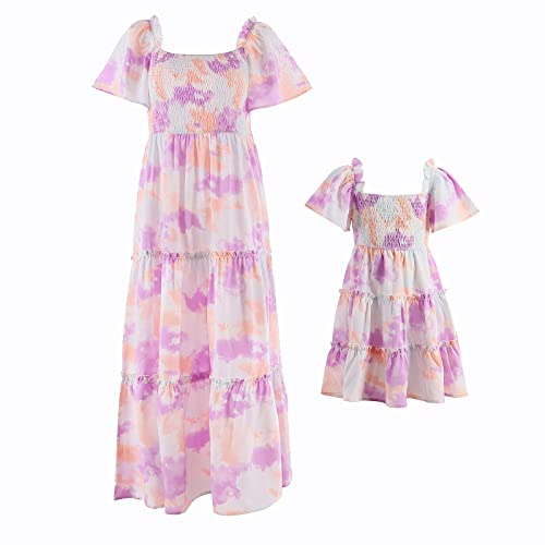 Mutter Tochter Kleid Sommerkleid Damen Kinder Mädchen Partnerlook Outfit Spaghettiträger Boho Blume Lang Strandkleider Sommer Cocktailkleid Partykleid Elegant Midi Freizeitkleid Rosa Tie-Dye 8-9 Jahre von Odizli