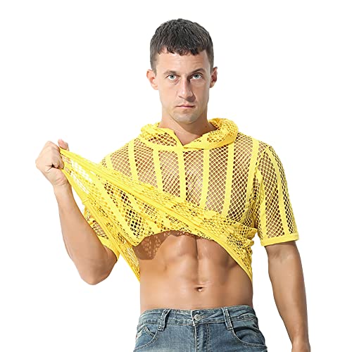 Netzhemd Herren Netzoberteil Netzshirt Männer Unterhemden Muskelshirts Achselshirts Herrenunterhemdem Sexy Clubwear Transparent Fishnet Breathable Hooded Sweatshirt Rave Outfit Gelb Kurzarm M von Odizli