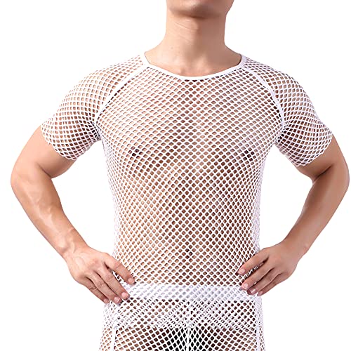 Netzhemd Herren Netzoberteil Netzshirt Männer Unterhemden Muskelshirts Achselshirts Herrenunterhemdem Sexy Unterwäsche Clubwear Rave Kinky Outfit Weiß Kurzarm XL von Odizli