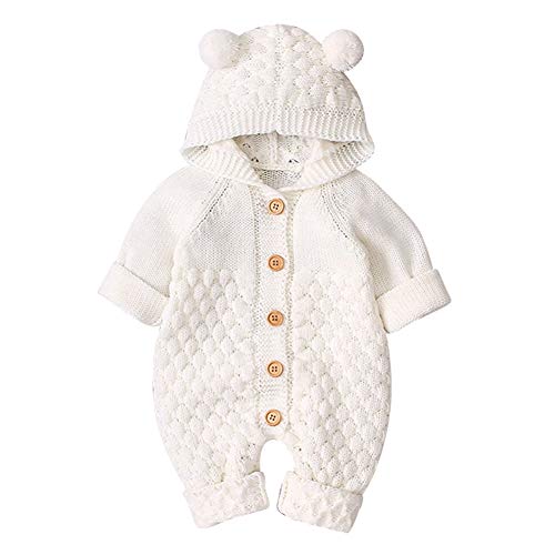 Neugeborene Baby Mädchen Jungen Kleidung Langarm Gestrickt Kapuze Strampler Body Overall Jacke Frühchenkleidung Erstausstattung Babysachen Set Herbst Winter Babykleidung Weiß 0-6 Months von Odizli