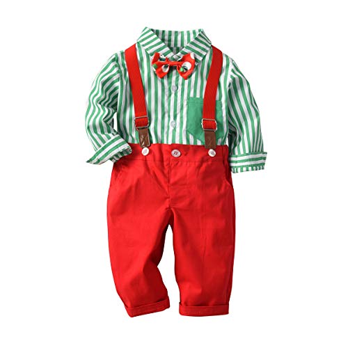 Neugeborenen Baby Jungen kinder kleidung Langarm Hemd+Hosenträger+Fliege+Hosen 4tlg Bekleidungssets Gentleman Festliche Taufe Geburtstagsparty Anzug Set Fotoshooting Grün-Schneemann 18-24 Monate von Odizli