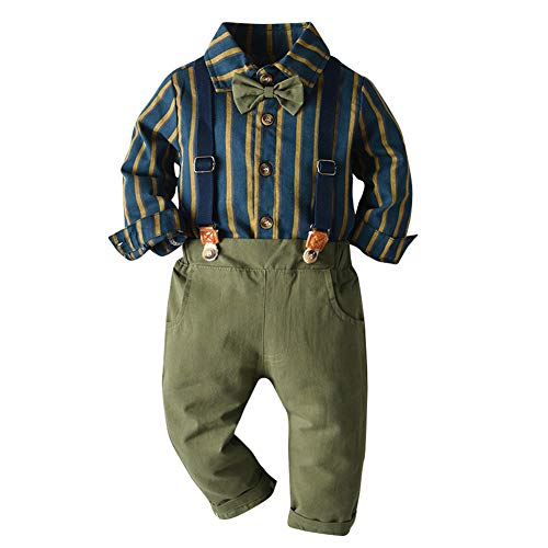 Neugeborenen Baby Jungen kinder kleidung Langarm Hemd+Hosenträger+Fliege+Hosen 4tlg Bekleidungssets Gentleman Festliche Taufe Geschenk Geburtstagsparty Anzug Set Fotoshooting Blau+Grün 12-18 Monate von Odizli