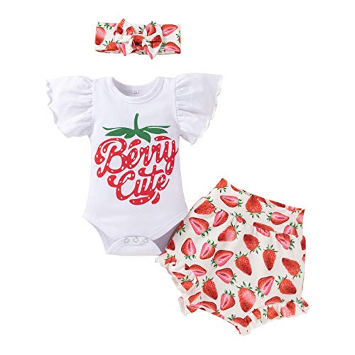 Neugeborenen Set Sommer Baby Kleidung Mädchen Frühchenkleidung Drucken Kurzarm Strampler Body+Frucht Shorts+Bowknot Stirnband 3tlg Bekleidungssets 1. Geburtstag Babykleidung Erdbeere 0-3 Monate von Odizli