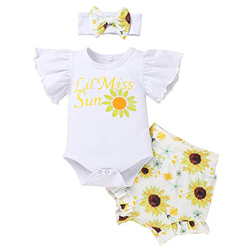 Neugeborenen Set Sommer Baby Kleidung Mädchen Frühchenkleidung Drucken Kurzarm Strampler Body+Frucht Shorts+Bowknot Stirnband 3tlg Bekleidungssets 1. Geburtstag Babykleidung Sonnenblume 6-9 Monate von Odizli