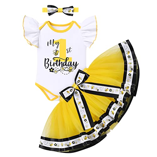 Neugeborenes Baby Mädchen 1. Geburtstag Outfit Kurzarm Strampler Body+Schleife Prinzessin Tüllrock Tütü+Stirnband 3tlg Babykleidung Erster Geburtstag Party Kleid Fotoshooting Gelb Biene-1st 1 Jahr von Odizli