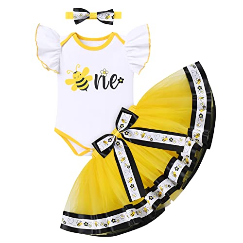 Neugeborenes Baby Mädchen 1. Geburtstag Outfit Kurzarm Strampler Body+Schleife Prinzessin Tüllrock Tütü+Stirnband 3tlg Babykleidung Erster Geburtstag Party Kleid Fotoshooting Gelb Biene-one 1 Jahr von Odizli