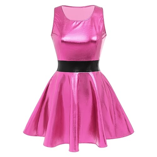 ODIZLI Ärmelloses Skateboardkleid für Damen, metallisches Kleid für Damen, glitzernd, glänzende Kleider, Partykleidung, Knallpink (Hot Pink), Mittel von Odizli