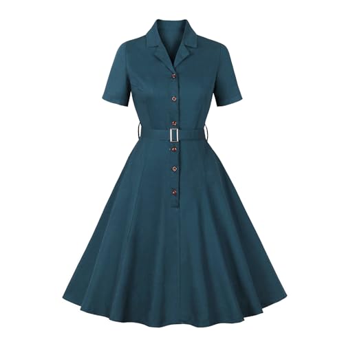 ODIZLI Damen 1950er Retro Kleid Kurzarm gekerbtes Revers Rüschen Swing Kleid mit Gürtel Cocktailkleid, Pfauenblau, Größe M, Mittel von Odizli