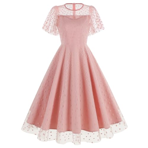 ODIZLI Damen 1950er Retro Vintage Kleid Kurzarm Rundhals Herzdruck Stickerei Rüschen Mesh Swing Kleid, Kleid mit Flatterärmeln und Herzen, Rosa, B, Groß von Odizli