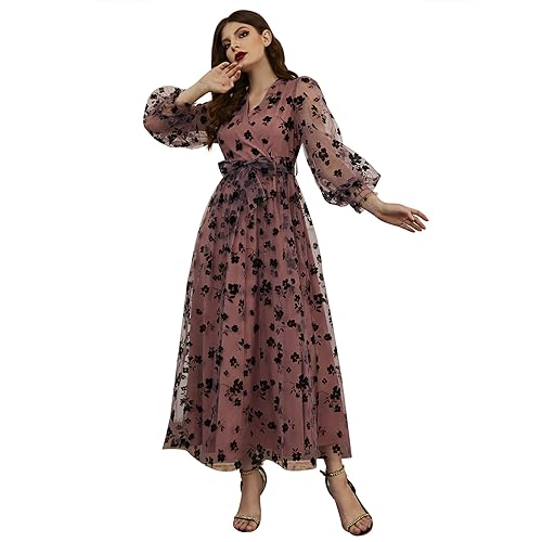 ODIZLI Damen Formal Mesh Floral Spitze Rüschen Midi Kleid Langarm V Ausschnitt Cocktail Party Kleid Selbstgebunden Gürtel, Fuchsia, X-Groß von Odizli