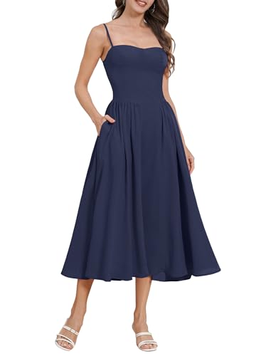 ODIZLI Damen-Korsettkleid, Sommerkleid, Spaghettiträger, tief geschnitten, Bustier, Cami, Midi-Kleid mit Taschen, einfarbig/Blumendruck, Marineblau, rückenfrei, X-Klein ODIZLI Damen-Korsettkleid, Sommerkleid, Spaghettiträger, tief geschnitten, Bustier, Cami, Midi-Kleid mit Taschen, einfarbig/Blumendruck, Marineblau, rückenfrei, X-Klein von Odizli