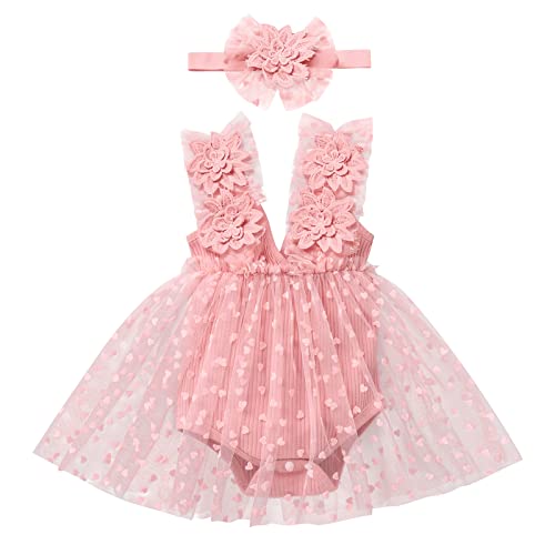 Odizli 1 Geburtstag Mädchen Outfit Ärmellos Gestrickt Strampler Kleid Tüllkleid+Stirnband Kleidung Babykleidung Neugeborene Erstausstattung Babysachen Set Baby Fotoshooting Rosa Blume 0-6 Monate von Odizli