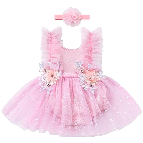 Odizli 1 Geburtstag Mädchen Outfit Ärmellos Blume Glitzer Strampler Kleid Tüllkleid+Stirnband Kleidung Babykleidung Neugeborene Erstausstattung Babysachen Set Baby Fotoshooting Rosa Stern 0-6 Monate von Odizli