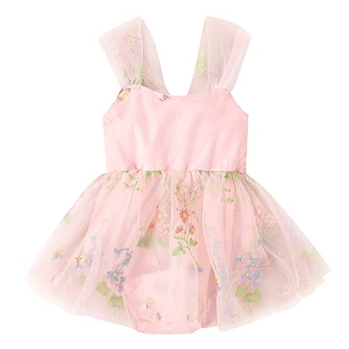 Odizli 1 Geburtstag Mädchen Outfit Ärmellos Blume Stickerei Spitze Strampler Kleid Tutu Tüllkleid Babykleidung Neugeborene Erstausstattung Babysachen Set Kleidung Baby Fotoshooting Rosa #3 0-3 Monate von Odizli