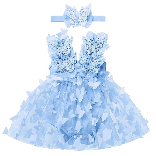 Odizli 1 Geburtstag Mädchen Outfit Ärmellos Blume Strampler Kleid Tüllkleid+Stirnband Kleidung Babykleidung Neugeborene Erstausstattung Babysachen Baby Fotoshooting Blau Schmetterling 0-6 Monate（70） von Odizli