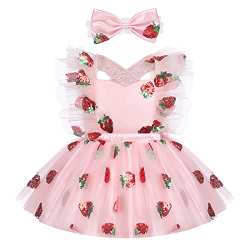 Odizli 1 Geburtstag Mädchen Outfit Ärmellos Prinzessin Tutu Pailletten Tüllkleid Hochzeit Festliches Taufkleid+Stirnband Sommer Kleid Babykleidung Kleidung Baby Fotoshooting Rosa Erdbeere 12-18 Monate von Odizli