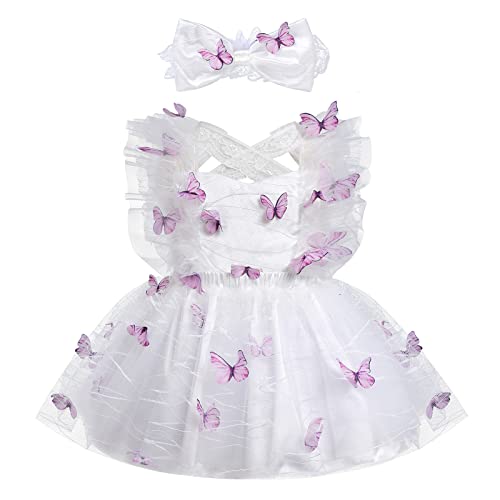 Odizli 1 Geburtstag Mädchen Outfit Ärmellos Prinzessin Tutu Tüllkleid Hochzeit Festliches Taufkleid+Stirnband Sommer Kleid Babykleidung Kleidung Baby Fotoshooting Weiß Schmetterling 12-18 Monate von Odizli