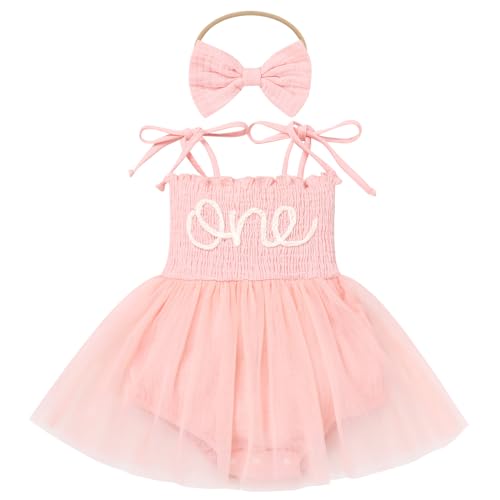 Odizli 1 Geburtstag Mädchen Outfit Ärmellos Smocked Strampler Tutu Kleid Tüllkleid+Stirnband 2tlg Bekleidungssets Babysachen Set Sommer Kleidung Babykleidung Baby Fotoshooting Rosa-one 6-12 Monate von Odizli