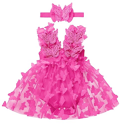 Odizli 1 Geburtstag Mädchen Outfit Ärmellos Strampler Kleid Tüllkleid+Stirnband Kleidung Babykleidung Neugeborene Erstausstattung Babysachen Set Baby Fotoshooting Rosarot Schmetterling 18-24 Monate von Odizli