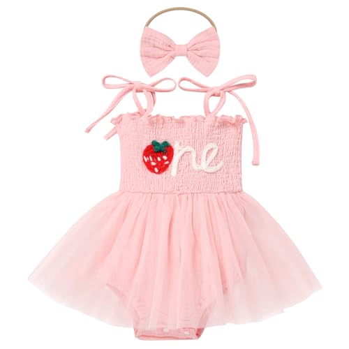 Odizli 1 Geburtstag Mädchen Outfit Ärmellos Strampler Tutu Kleid Tüllkleid+Stirnband 2tlg Bekleidungssets Babysachen Set Sommer Kleidung Babykleidung Baby Fotoshooting Rosa-Erdbeere 6-12 Monate von Odizli