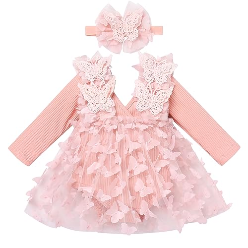 Odizli 1 Geburtstag Mädchen Outfit Gestrickt Strampler Kleid Tüllkleid+Stirnband Kleidung Babykleidung Neugeborene Erstausstattung Babysachen Baby Fotoshooting Rosa Schmetterling Langarm 0-6 Monate von Odizli