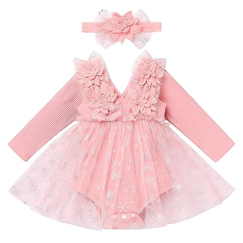 Odizli 1 Geburtstag Mädchen Outfit Gestrickt Strampler Kleid Tüllkleid+Stirnband Kleidung Babykleidung Neugeborene Erstausstattung Babysachen Baby Fotoshooting Rosa Schneeflocken Langarm 0-6 Monate von Odizli