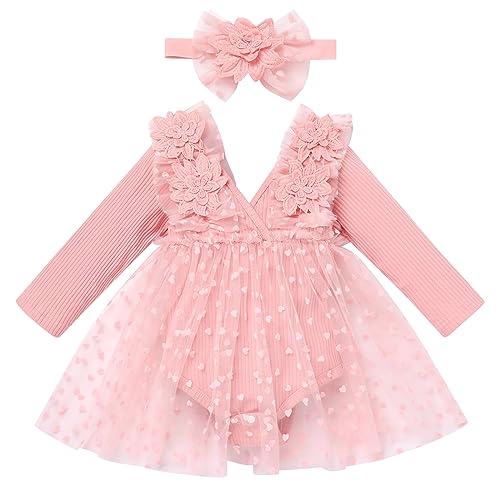 Odizli 1 Geburtstag Mädchen Outfit Gestrickt Strampler Kleid Tüllkleid+Stirnband Kleidung Babykleidung Neugeborene Erstausstattung Babysachen Set Baby Fotoshooting Rosa Blume Langarm 12-18 Monate von Odizli