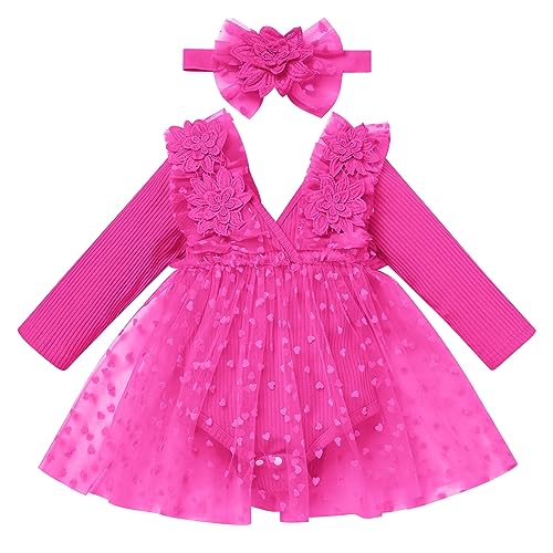 Odizli 1 Geburtstag Mädchen Outfit Gestrickt Strampler Kleid Tüllkleid+Stirnband Kleidung Babykleidung Neugeborene Erstausstattung Babysachen Set Baby Fotoshooting Rosarot Blume Langarm 0-6 Monate von Odizli