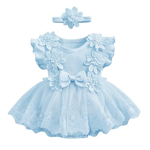 Odizli 1 Geburtstag Mädchen Outfit Kurzarm Strampler Kleid Blume Spitze Tüllkleid+Stirnband Kleidung Sommer Babykleidung Neugeborene Erstausstattung Babysachen Set Baby Fotoshooting Blau 6-12 Monate von Odizli
