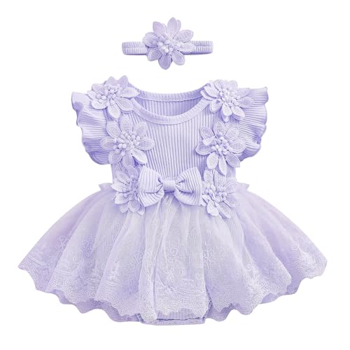 Odizli 1 Geburtstag Mädchen Outfit Kurzarm Strampler Kleid Blume Spitze Tüllkleid+Stirnband Kleidung Sommer Babykleidung Neugeborene Erstausstattung Babysachen Set Baby Fotoshooting Lila 3-6 Monate von Odizli