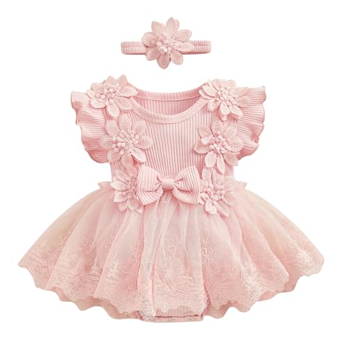 Odizli 1 Geburtstag Mädchen Outfit Kurzarm Strampler Kleid Blume Spitze Tüllkleid+Stirnband Kleidung Sommer Babykleidung Neugeborene Erstausstattung Babysachen Set Baby Fotoshooting Rosa 3-6 Monate von Odizli