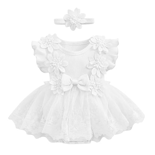 Odizli 1 Geburtstag Mädchen Outfit Kurzarm Strampler Kleid Blume Spitze Tüllkleid+Stirnband Kleidung Sommer Babykleidung Neugeborene Erstausstattung Babysachen Set Baby Fotoshooting Weiß 3-6 Monate von Odizli
