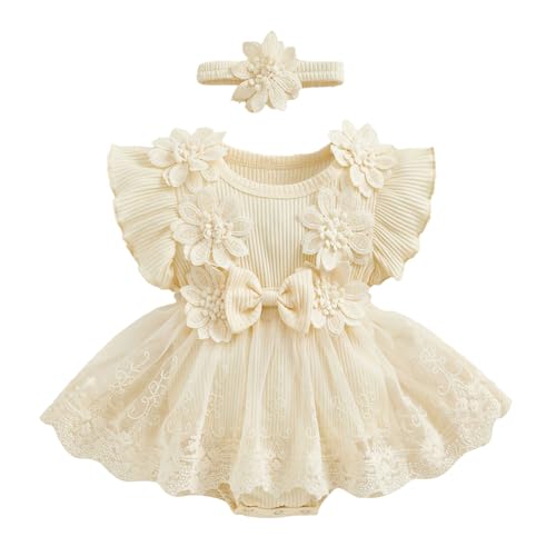 Odizli 1 Geburtstag Mädchen Outfit Kurzarm Strampler Kleid Blume Spitze Tüllkleid+Stirnband Sommer Babykleidung Neugeborene Erstausstattung Babysachen Set Baby Fotoshooting Aprikose 3-6 Monate von Odizli