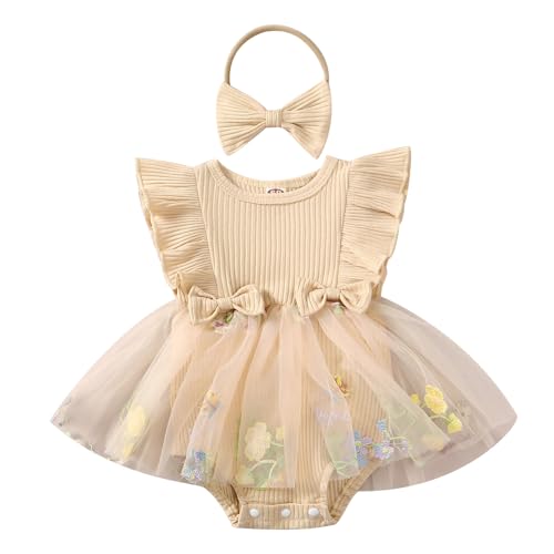 Odizli 1 Geburtstag Mädchen Outfit Kurzarm Strampler Kleid Blume Stickerei Tüllkleid+Stirnband Sommer Babykleidung Neugeborene Erstausstattung Babysachen Set Baby Fotoshooting Aprikose 6-12 Monate von Odizli