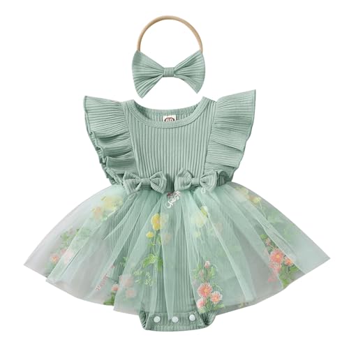 Odizli 1 Geburtstag Mädchen Outfit Kurzarm Strampler Kleid Blume Stickerei Tüllkleid+Stirnband Sommer Babykleidung Neugeborene Erstausstattung Babysachen Set Baby Fotoshooting Grün 18-24 Monate von Odizli